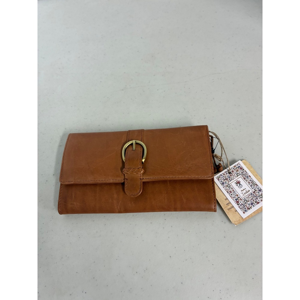 Genuine Leather Vintage Look Tan Brown Buckle Clutch Wallet Made in India NWT